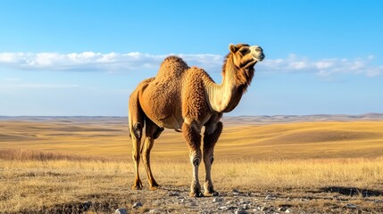 Wild Bactrian camel moving across dry, rocky desert terrain under blue sky
