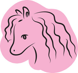cute horse head with wavy long mane simple curved lines on pink background in irregular teardrop shape side view