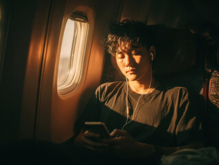 A young Asian man with headphones relaxes by plane window, bathed in warm sunlight, using smartphone