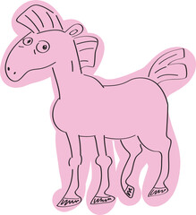 view of a funny horse looking at the camera full length side view drawn with simple black lines colored in pink