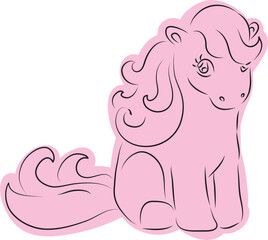 cute pony with beautiful mane sits and shyly looks at camera, casually painted pink