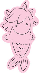 cute unicorn mermaid with fish tail drawn with simple black curved lines and casually colored with pink color, front view