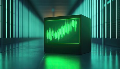 A glowing green chart on a dark box in a futuristic server room