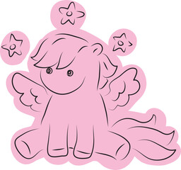 cute pegasus sitting funny among three stars drawn with simple black curved lines and casually colored in pink, front view