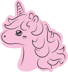 cute unicorn head with curly mane drawn with simple black curved lines and casually colored with pink color, side view