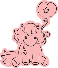 cute little pony sitting looking at camera holding balloon ribbon in mouth drawn with simple black curved lines and casually colored in pink, front view