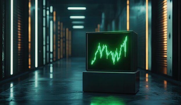 Futuristic corridor, green chart on retro monitor