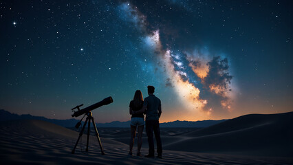 Fototapeta premium Desert Night Romance: A Stargazing Couple's Embrace