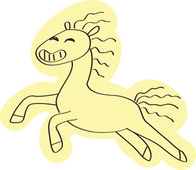 Funny happy jumping smiling grinning horse, hand drawn with simple black curved lines and casually colored with yellow color
