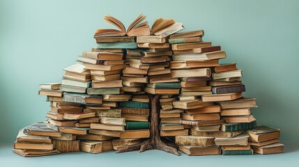 A creative stack of old books is arranged to resemble a tree, symbolizing knowledge growing and branching out.