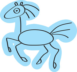 Funny kids drawing of a galloping horse, side view, hand drawn with simple black curved lines and casually colored in blue