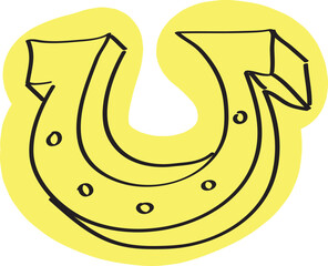 Iron horse lucky horseshoe, hand drawn with simple black curved lines and casually colored in yellow