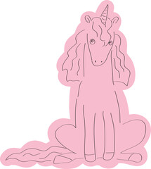 cute big unicorn sitting and looking at camera drawn with simple black curved lines and casually colored with pink color, front view