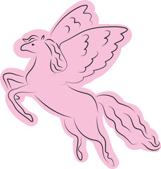 beautiful classic flying pegasus drawn with simple black curved lines and casually colored in pink, side view
