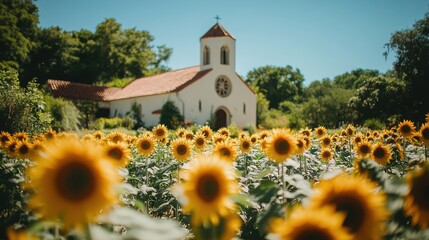 A field of vibrant sunflowers stretches towards a small white church with a red-tiled roof under a clear blue sky.