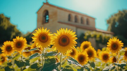 Bright sunflowers bloom in a field with a sunlit church building softly blurred in the background under a clear blue sky.