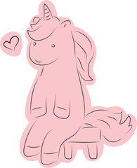 cute unicorn sitting on a stool, drawn with simple black curved lines and casually colored in pink
