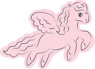 cute flying pegasus with curly mane and tail drawn with simple black curved lines and casually colored with pink color, side view