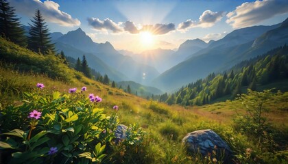 Sunrise over scenic mountain valley with wildflowers and pine forest

