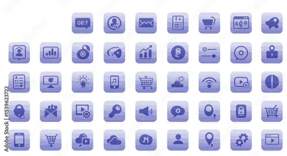 Aufkleber a collection of various digital icons displayed on square buttons, representing different functions 