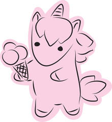 Cute little unicorn standing and holding a scoop of ice cream in a cone, drawn with simple black curved lines and casually colored in pink