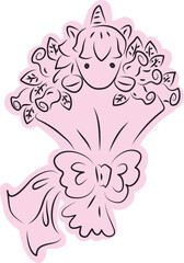 Cute little unicorn in a bouquet of roses peeking out and looking at the camera, drawn with simple black curved lines and casually colored with pink