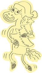Fototapeta premium Funny smiling grinning horse in christmas hat holding christmas tree in hands and looking at camera, hand drawn with simple black curved lines and casually colored with yellow color