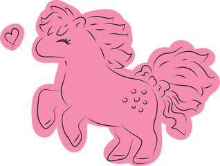Cute happy little pony with a bow on her tail, side view, drawn with simple black curved lines and casually colored in pink