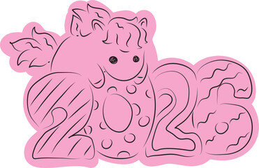 Cute little pony climbed onto the year 2026, drawn with simple black curved lines and casually colored in pink