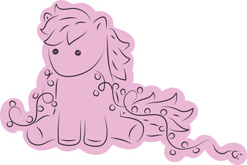 Cute little pony sitting funny and holding a Christmas garland in her mouth, front view, drawn with simple black curved lines and casually colored in purple