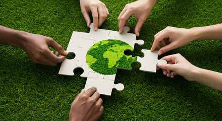 Teamwork Green Earth Puzzle Sustainable Planet Collaboration Mockup Design
