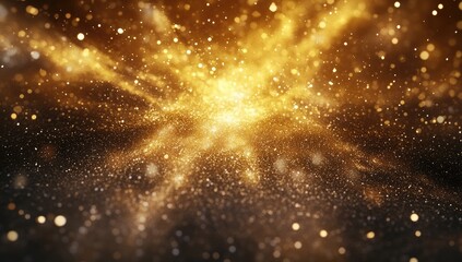 Fototapeta premium Golden explosion, glowing particles in dark space