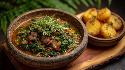 Congolese Fumbwa stew with greens served in bowl