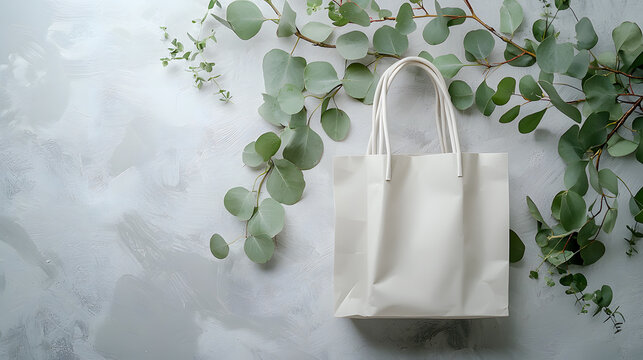  legant white shopping bag with eucalyptus leaves, showcasing eco-friendly design and simplicity. - Powered by Adobe