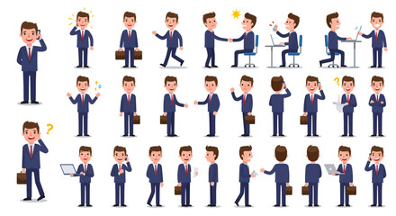 A diverse collection of cartoon businessman illustrations showcasing various poses and actions in a professional setting.