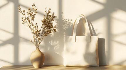 Eco-conscious design featuring a tote bag and vase in serene illumination highlighting simplicity. 