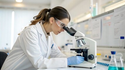 A female scientist using a microscope in a modern laboratory for medical research