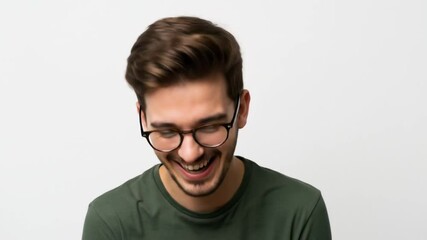 A smiling young man reads a book and laughs