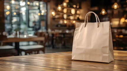 Eco-friendly brown paper bag placed on a wooden surface with a blurred restaurant background.