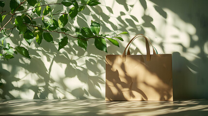  Eco-friendly cardboard bag placed with natural green leaves casting shadows