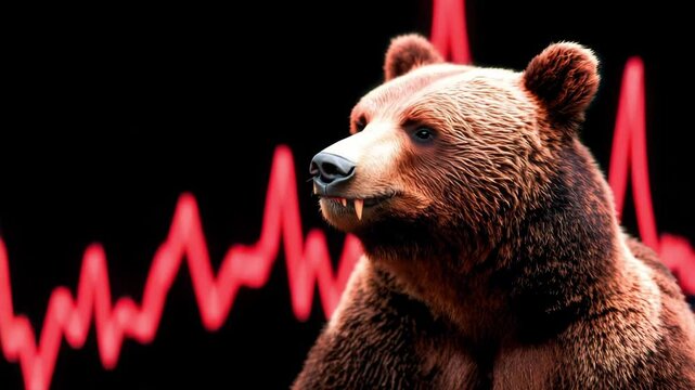 A fierce bear roaring with an intense expression, set against a dark background stock market chart with fragments flying into the air.