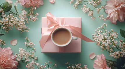 Elegant arrangement featuring a pastel coffee cup, wrapped gift with ribbon, and floral detail for Mother’s Day