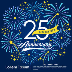 25th years anniversary celebration emblem. congratulations anniversary logo isolated with yellow ribbon and fireworks sparkle on blue background. vector illustration template design for web banner