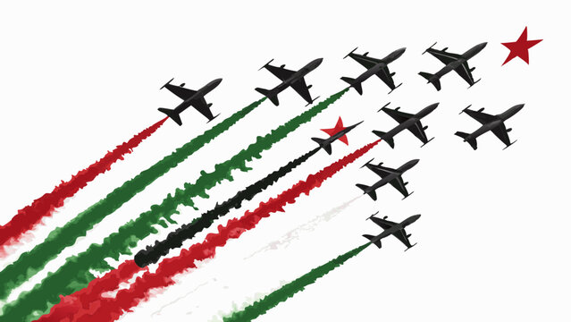 Libyan Fighter Jets Air Show Green Red Black Smoke Trails National Day Celebration republic day airplanes