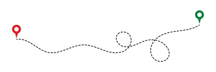 Route location icon, two pin sign and dotted line road, start and end journey symbol, black color vector illustration isolated on white background in eps 10.