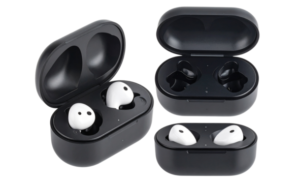 Set of Sleek Wireless Earbuds with Charging Case on a transparent Background