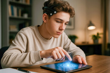 Young man using brainwave headset and tablet in modern home office