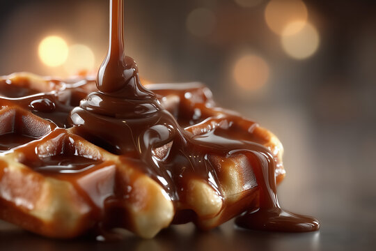 Close-up of delicious belgian waffle drizzled with smooth chocolate sauce