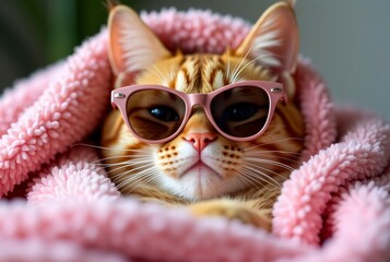 Ginger Cat Relaxing with Sunglasses Wrapped in Cozy Pink Blanket