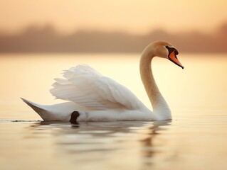 Fototapeta premium A swan gliding across a glassy lake, the soft ripples catching the warm glow of the setting sun